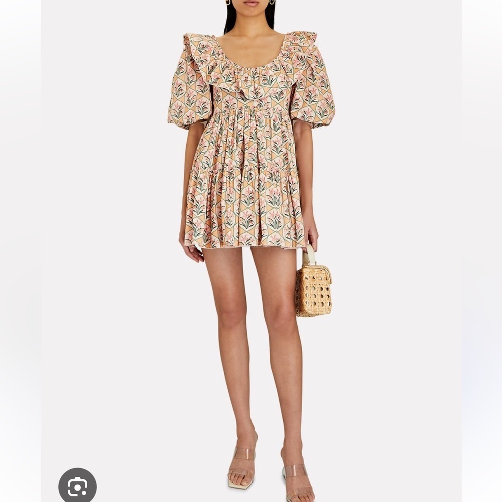 Agua by Agua Bendita Peach Floral Mini Dress with Green & Cream Accents
